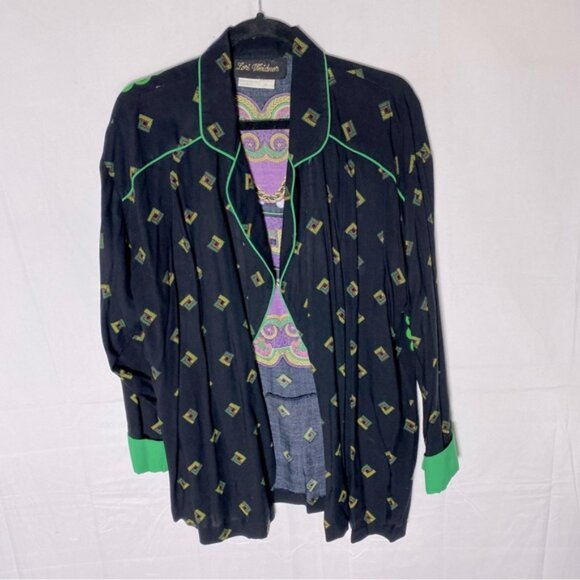 Vintage Lori Weidner Black Green Purple Bold Print Open Front Light Jacket 8 - Picture 2 of 14